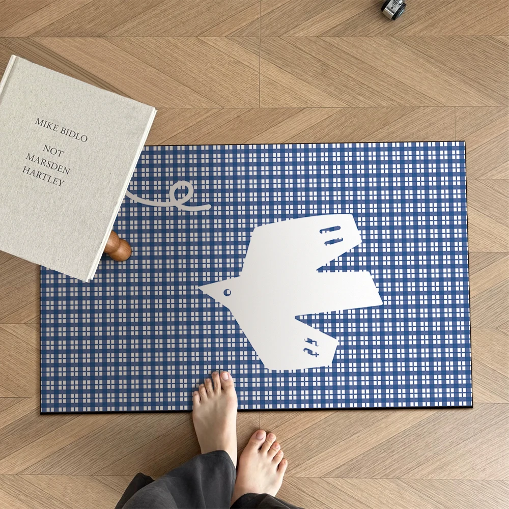 Blue and white checkered bird print bathroom anti-slip mat, made of super-slip-resistant rubber material, quickly absorbs water