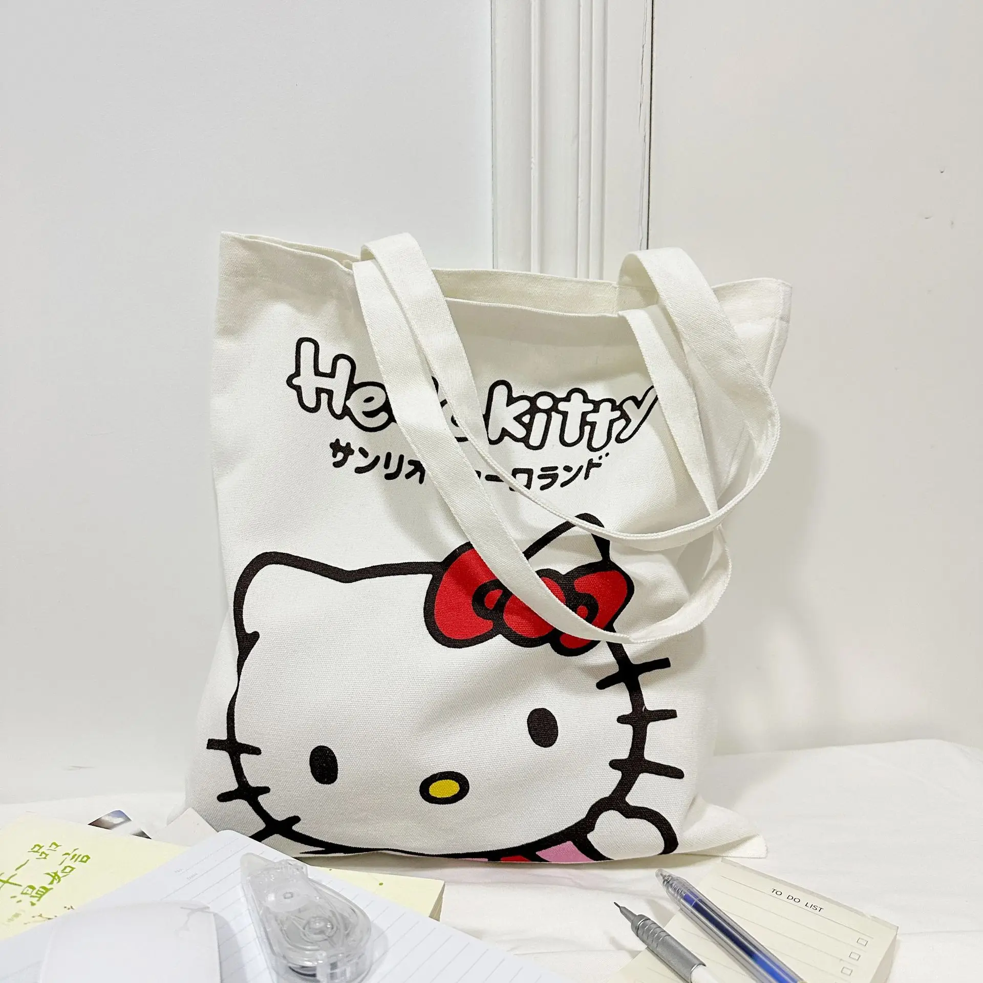 Kuromi Hellokitty Borsa in tela con stampa fronte-retro Borse a tracolla da donna Borsa per la spesa casual di grande capacità Borsa per tutoring