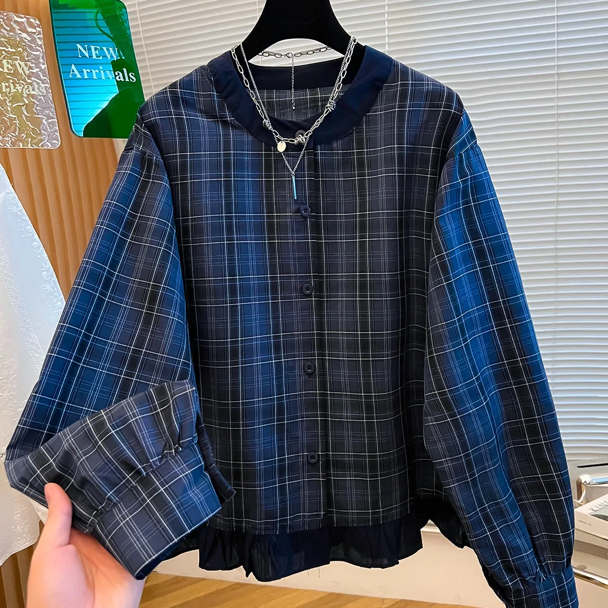 Blue Plaid Casual irt Women's Loose Fit round Ne Button up Korean Sle Comfortable Breathable Long Sve Top