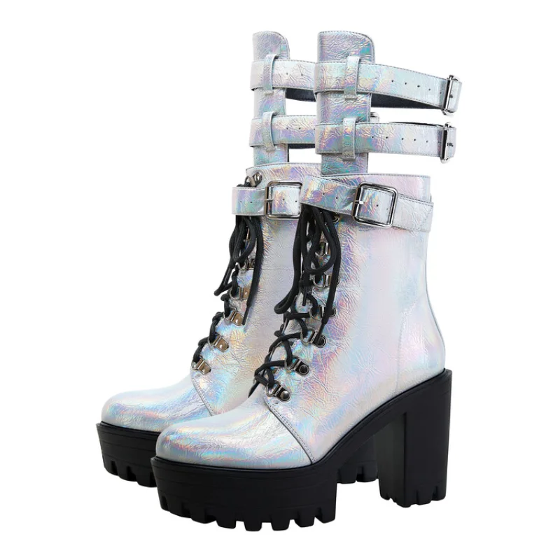 

Fantasy Color Short Boots Round Head 12cm Thick Heel Silver Motorcycle Boots 2023 Punk Waterproof PlatformMid-Calf Boots 35-45