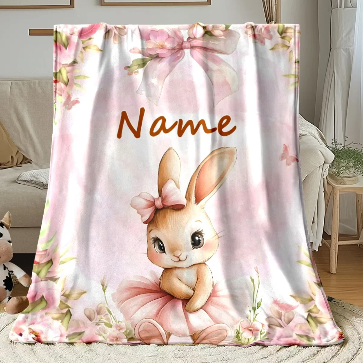 VIKAMA Easter Bunny Blanket with Floral Bows, Soft Throw Blanket for Living Room, Bedroom, Baby Room Decoration and Wrapping