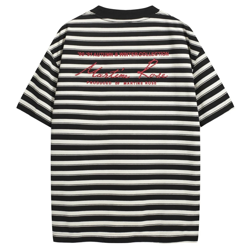 Stripe MARTINE ROSE Embroidery Red Signature Label T Shirt Men Women Round Neck Short Sleeve Loose Daily T-shirt Tops Tee