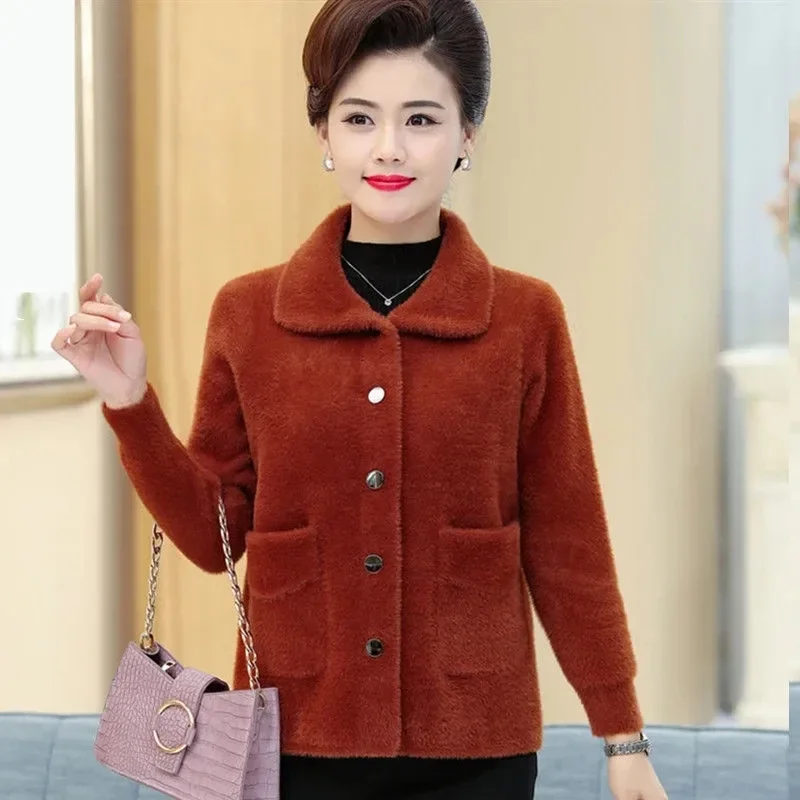 Middle Aged Elderly Mother Imitation Mink Velvet Sweater Coat Thick Short Knitted Cardigan Women Jacket Outwear MT4