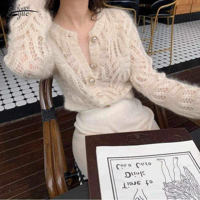 Cardigan Women French Style Coat Sweater Autumn Elegant Hollow Out Knitted Sweater Pullovers Office-lady Sweet Sweater 16179