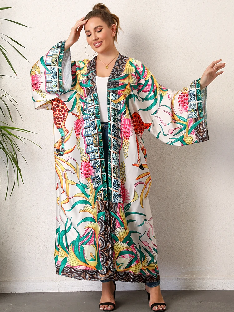 Plus rozmiar Boho Kimono damskie Plus tropikalny nadruk kontrastowe wiązanie z długim rękawem z przodu luźna Kimono plażowe