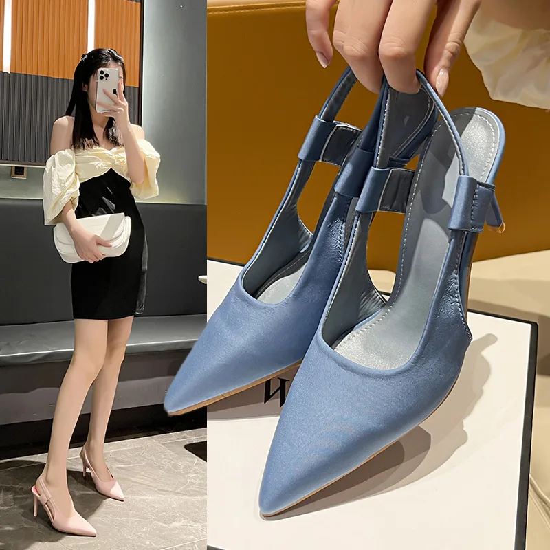 Summer Women Thin High Heels Slingback Sandals Pointed Toe Slip-On Mules Shoes Ladies Elegant Shallow Pumps Party Dress Shoes