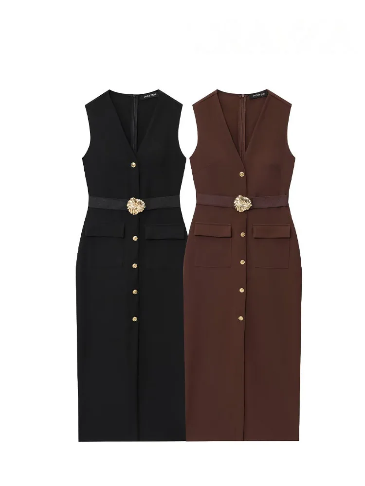 HH Abito lungo moda estiva da donna Solido scollo a V senza maniche Tasche Decorazione cintura Bottone Cerniera Abiti eleganti femminili