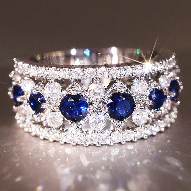 Huitan Creative Blue/White Cubic Zirconia Rings Bright Elegant Modern Finger Accessories for Women Opulent Wedding Party Jewelry