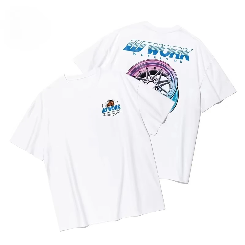 Summer New WORK Wheel Hub Modified Car Style Graphic Print Fashionable Casual High-quality Breathable Men's Round-neck T-shirt