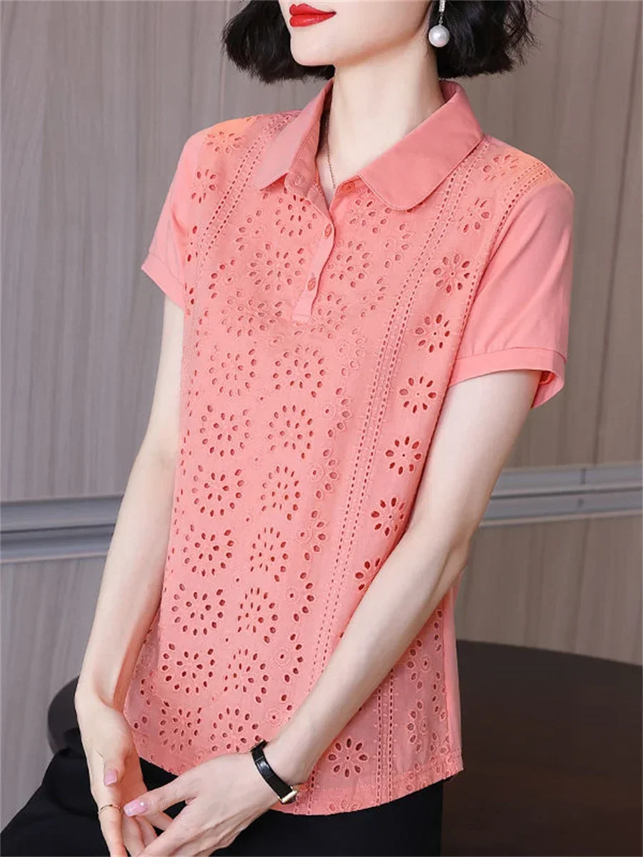 4XL Women Spring Summer Blouses Shirts Lady Fashion Casual Short Sleeve O-Neck Solid Color Hollow Blusas Tops TT2190