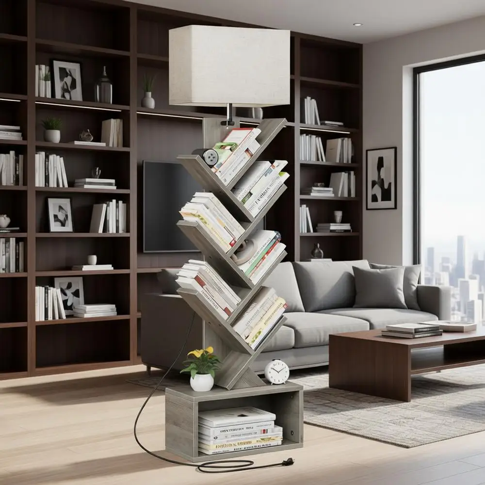 

6-Tier Tall Bookshelf with Light, Narrow Tower Storage Organizer for Living Room, Bedroom, and Home Office, Gray