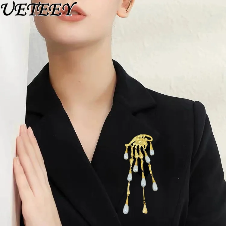 

European Retro Heavy Craft Exaggerated Personality Eye Water Drop Pearl Long Tassel Brooch Luxury High-end Brooch Accessory
