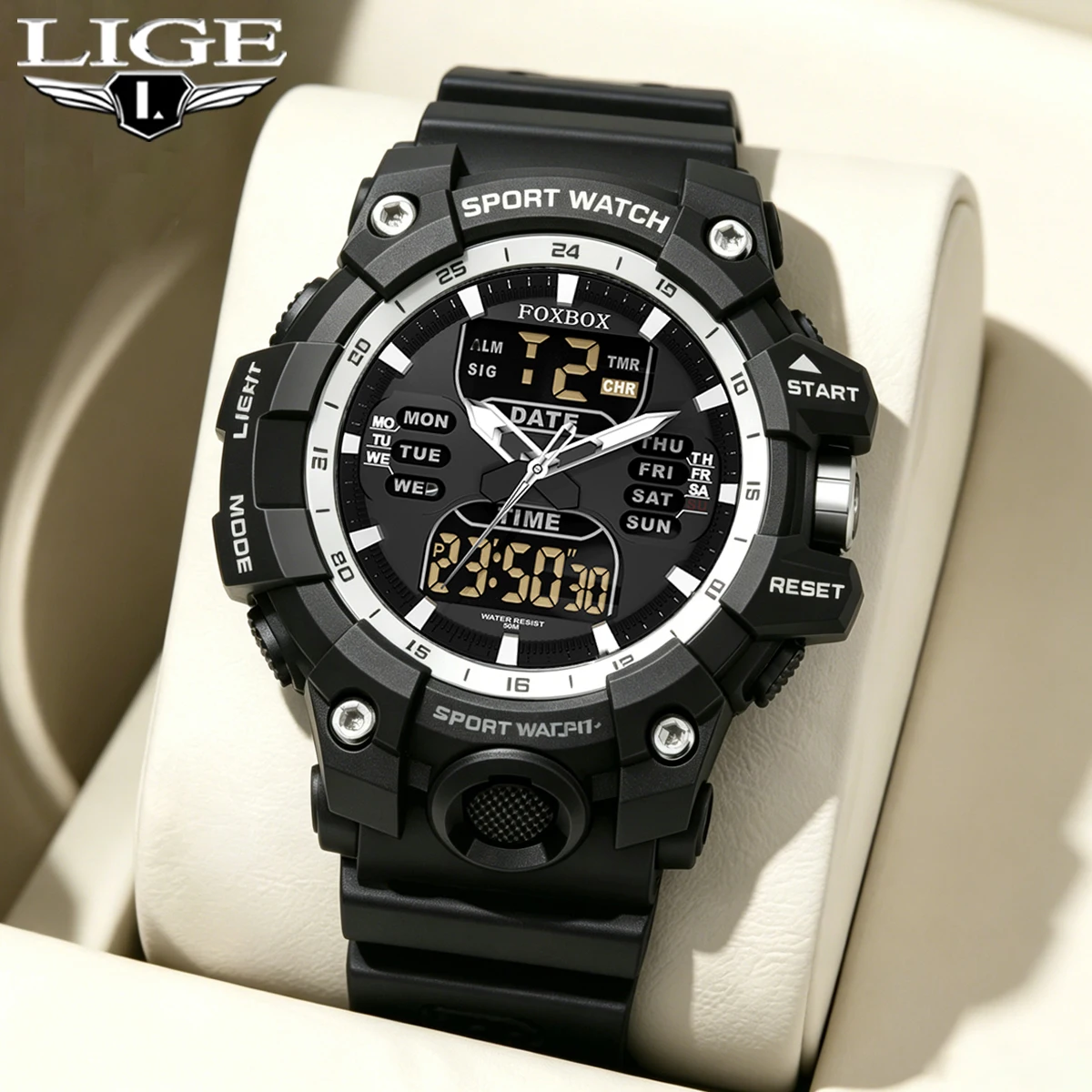 

FOXBOX Top Brand Sports Military Quartz Men Watch Waterproof Dual Display Digital Fashion Big Watch For Men LED Man Wristwatch