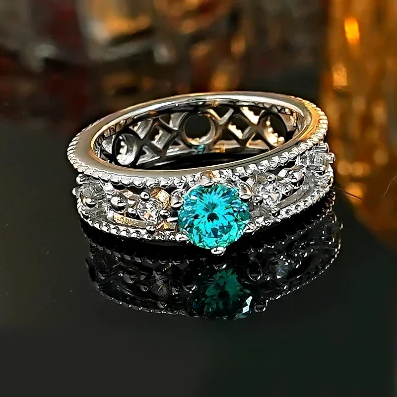 Nieuwe Paraiba-ring 925 zilver verguld kant met diamanten arrangement, nis en veelzijdige damescadeau-sieraden