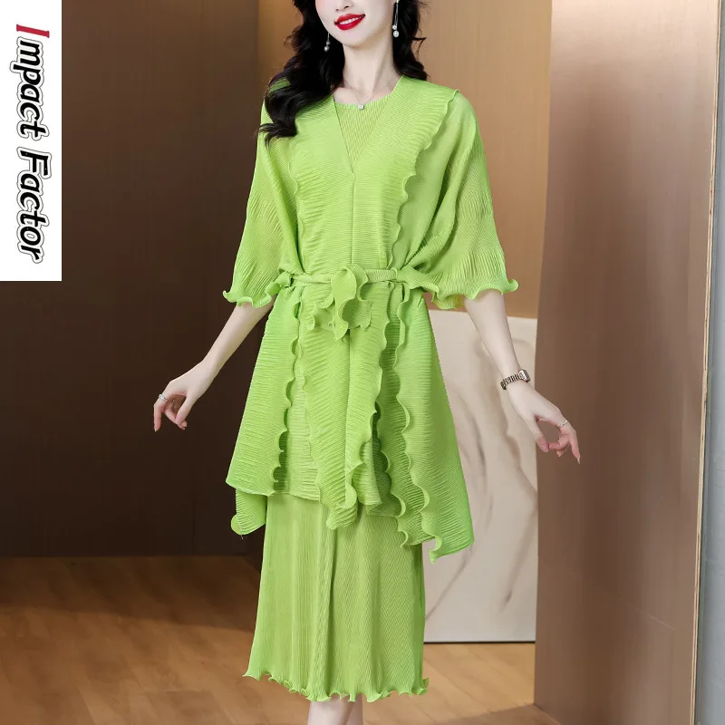 Miyake Pleats Spring 2025 New Wear Women's Clothing Ruffle Edge Top High Elastic Boutique Two-piece Dress
