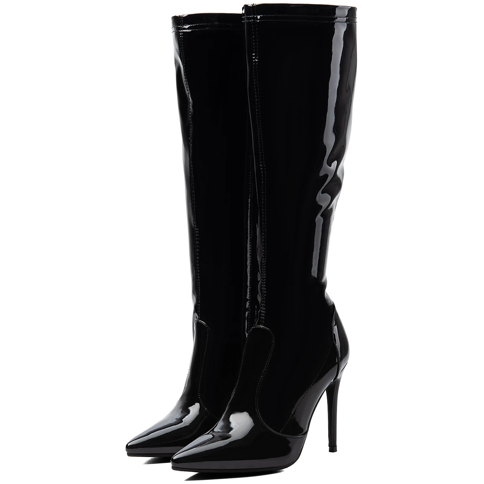 Ronticool Women Pointed Toe Knee High Boots Glossy Patent Leather Slim Stiletto High Heels Side Zipper Nightclub Ladies Boots