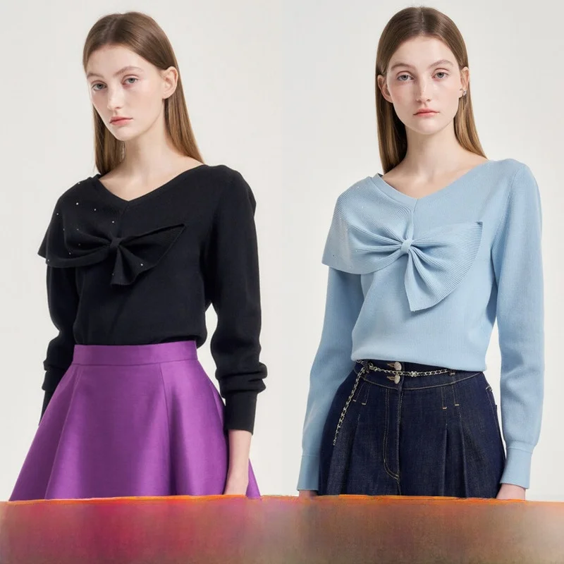 

Sweet Knot Knitted V Neck Elastic Commute Versatile Top Women's Soft Korean Style Long Sleeve Fine Gauge Winter Swe...