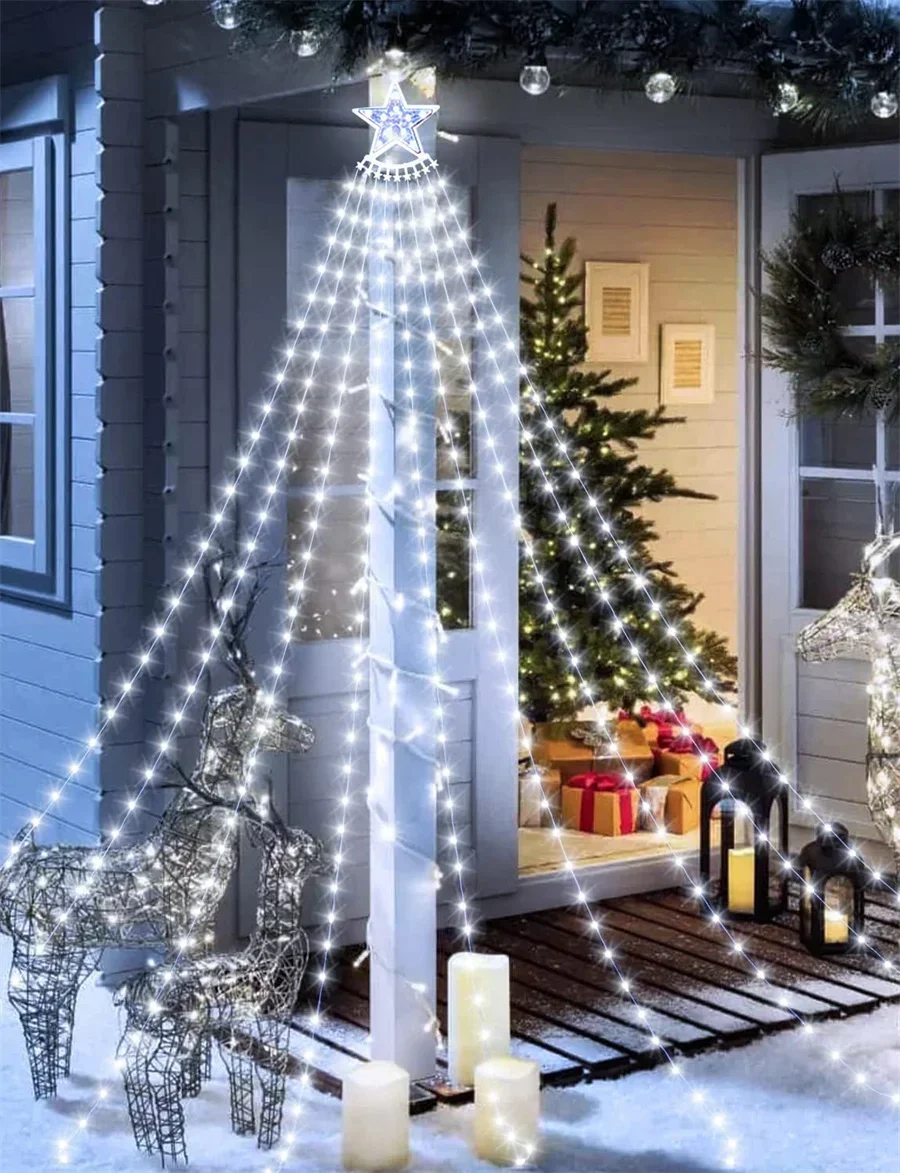 9X3M 288LED Outdoor Christmas Waterfall Star String Light Lighted Waterfall Tree Hanging String Light Topper Star Fairy Light