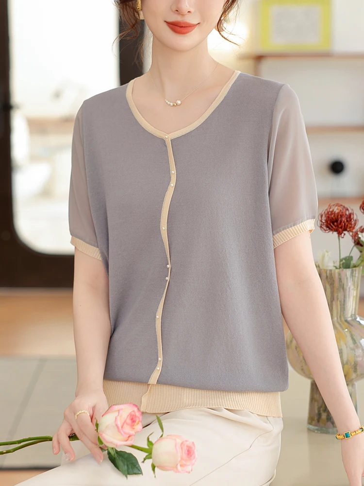 

Solid T Shirt Women Pullovers 2025 Summer Clothes For Women Tees Top Short Sleeve Knitted Women's T-shirt