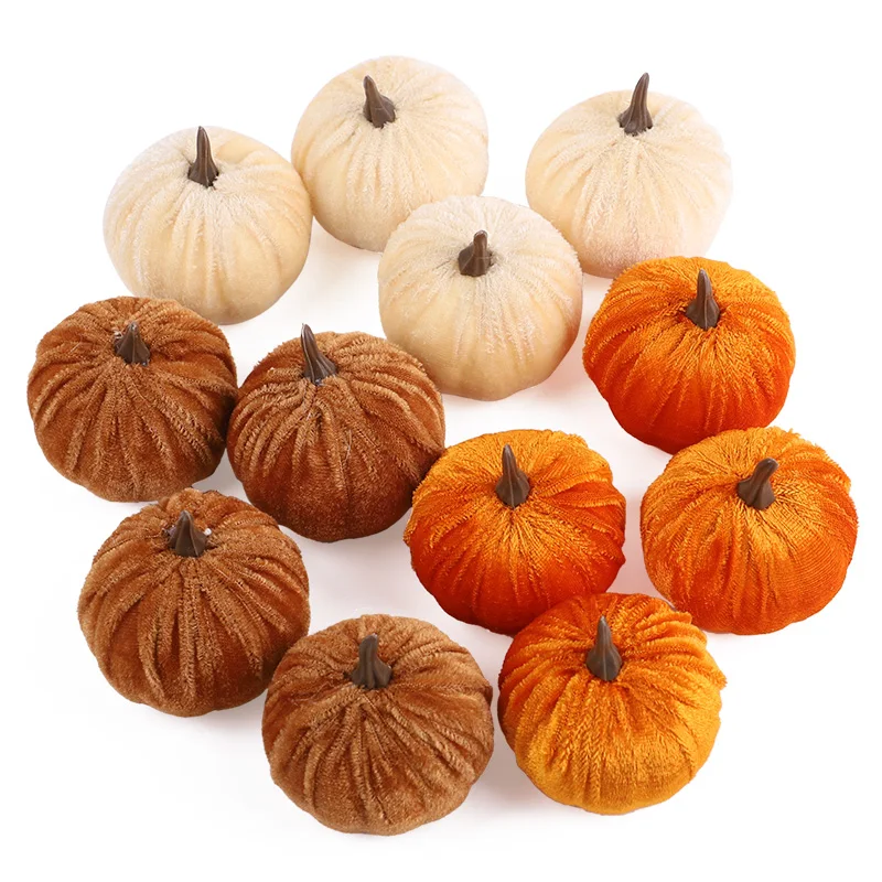 8-12Pcs Pumpkin Decor Velvet Artificial Pumpkin Fall Pumpkin Decor For Autumn Thanksgiving Harvest Festival Halloween Decoration