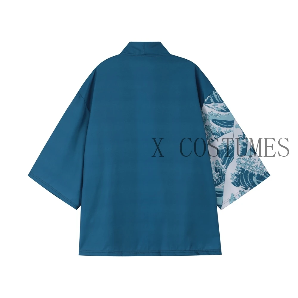 Men's Kimono Cardigans Japanese ukiyoe sea wave Loose Fit Open Front Shirt Kimono Men Blue Casual Summer shirt Beach Shirt