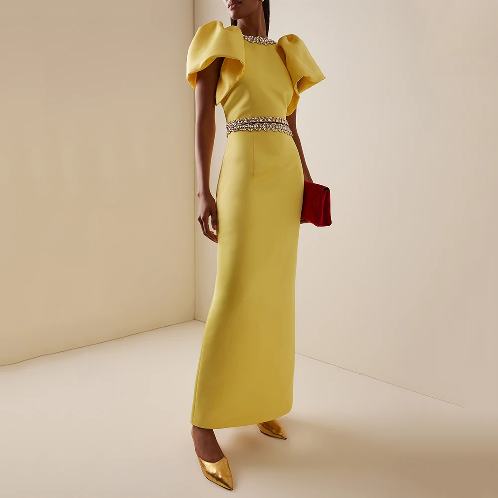 Customized Modern Cocktail Dress Maxi 2 Pieces Crystal O Neck Yellow Prom Gowns for Women Puff Sleeves Column Formal Party Dress