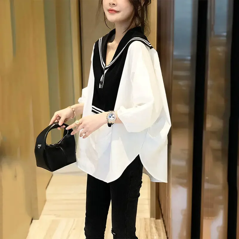 Fashion Sailor Collar Spliced Fake 2Pieces Blouses Female Clothing 2024 Spring Summer New Loose Korean Tops Casual Shirts LU436