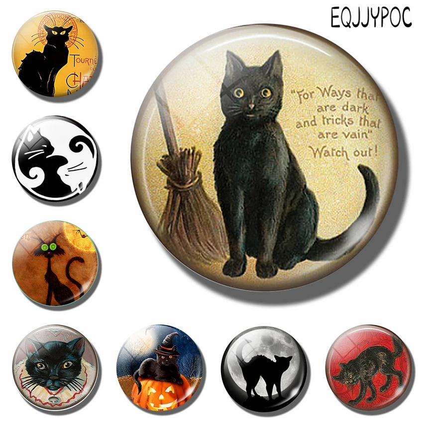 Feline Lovers 30MM Fridge Magnet Black Cat with Broom Witch Quote Glass Cabochon Magnetic Refrigerator Sticker Note Holder Decor