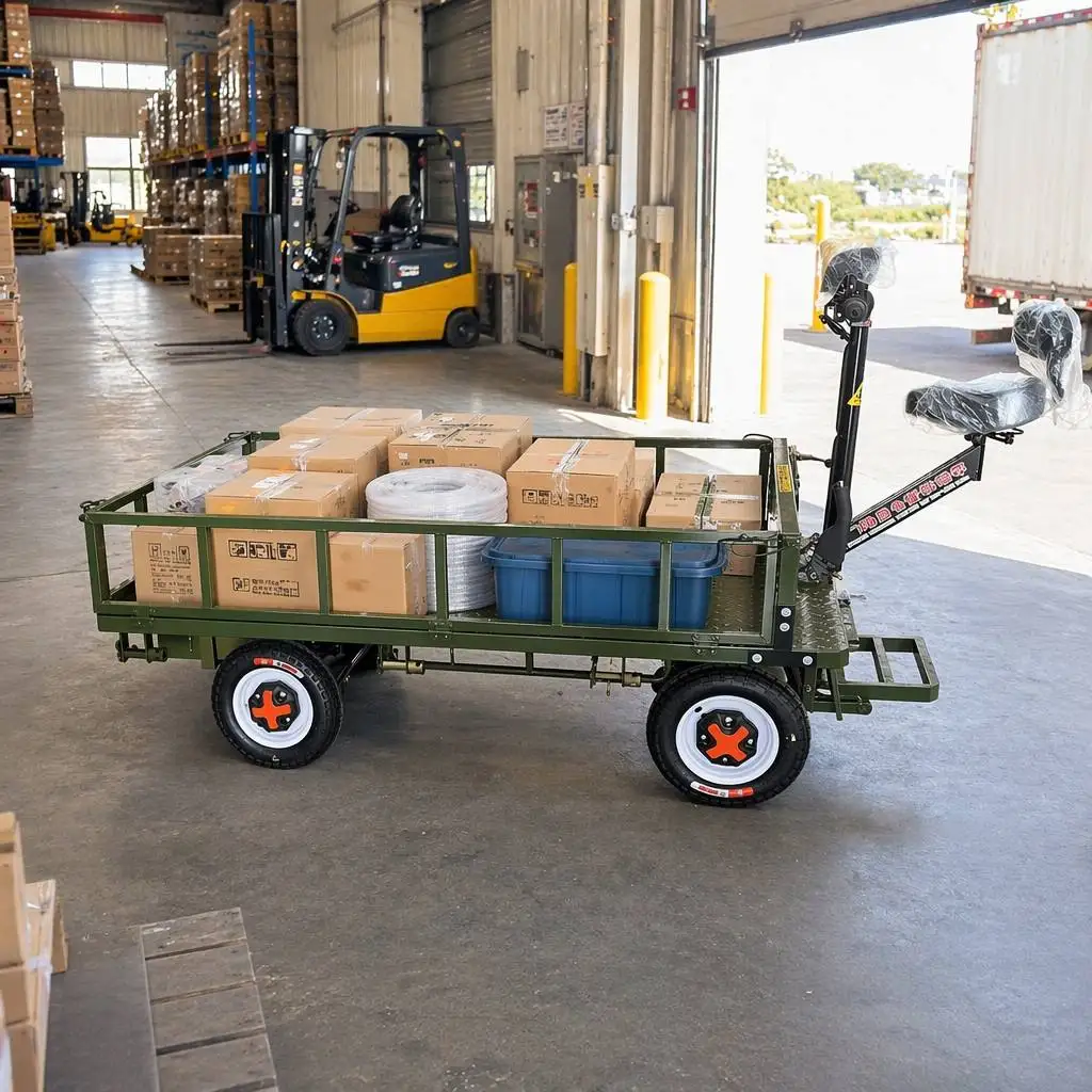 Electric Trolly Flatbed Cargo Heavy Duty Electric Platform Trolley Ride on or Stand with Foldable Pandel