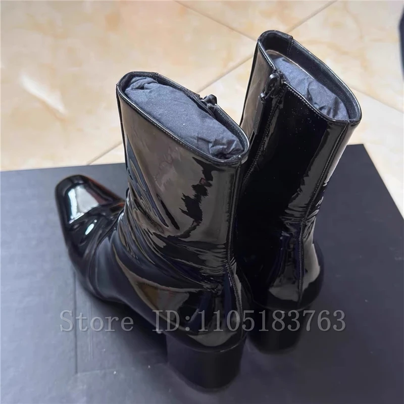 Balck Bright Patent Leather Men Ankle Boots Square Toe High Heels Chelsea Boots Fashion Wedding Party Dress Shoes