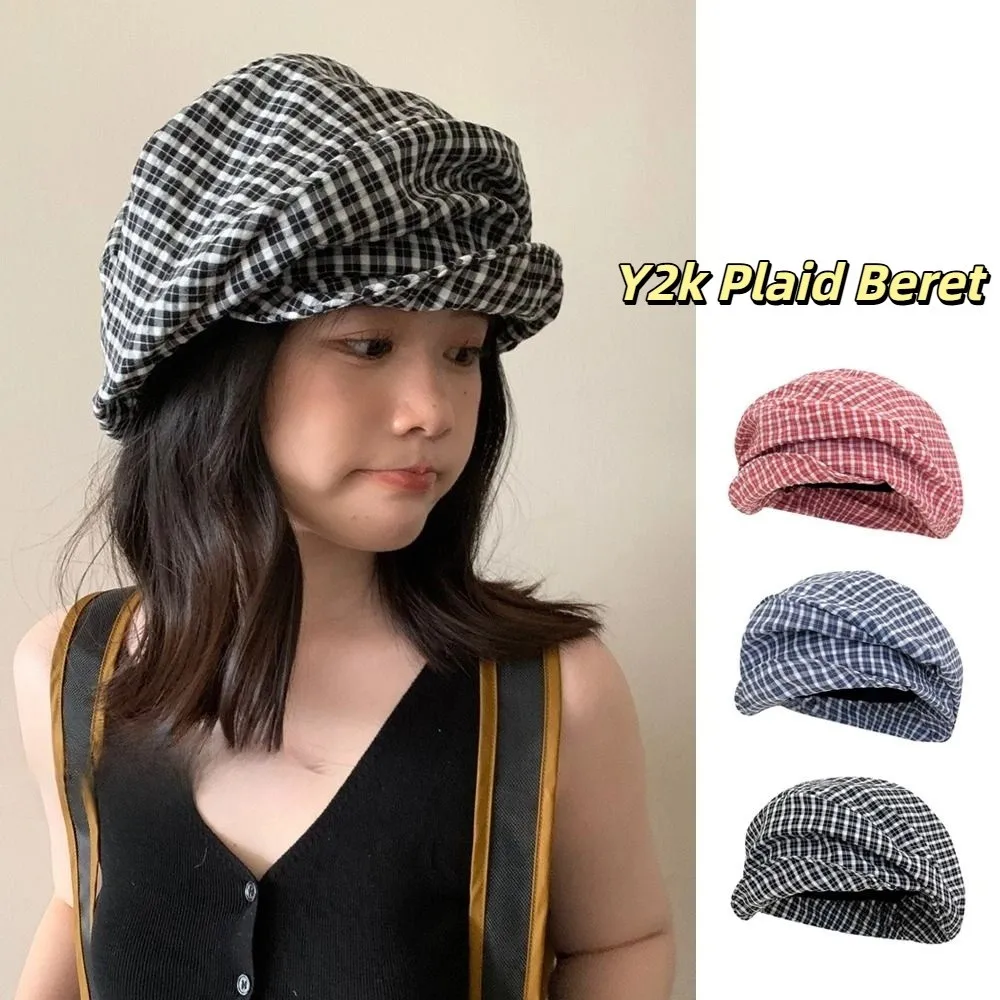 

Casual Vintage Y2k Plaid Beret Cloud Soft Brim Octagonal Cap Japanese Artist Newsboy Cap Girls