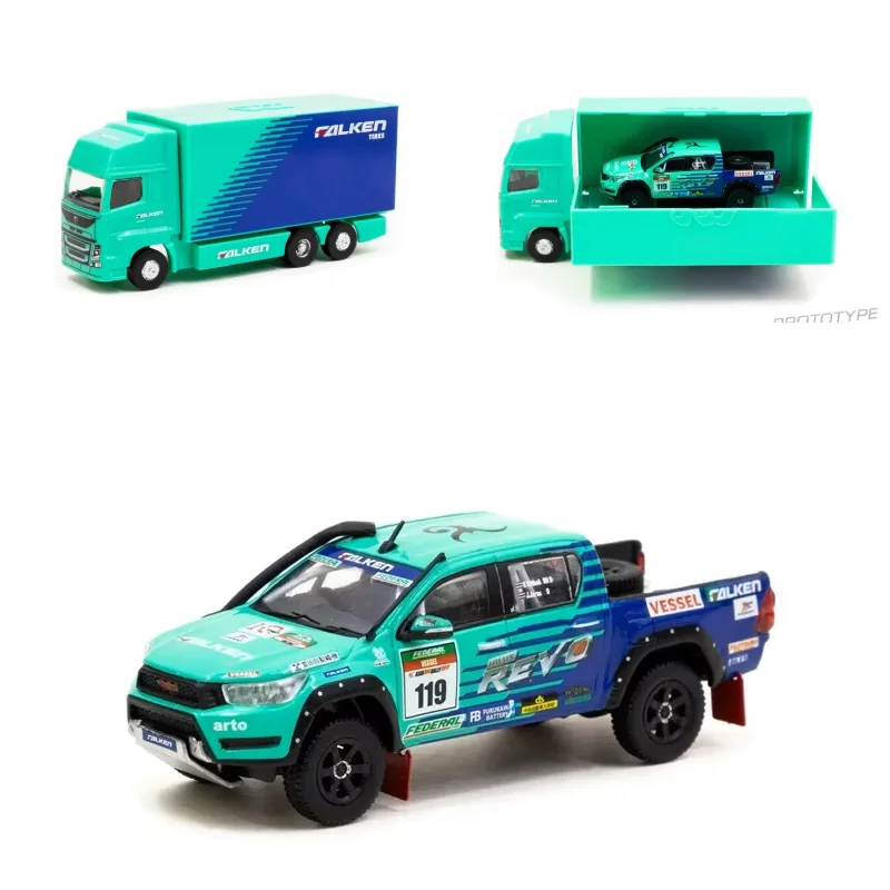 

Коллекционная модель автомобиля Tarmac Works 1:64 Hilux Pickup AXCR 2017 FALKEN с ПВХ-упаковкой в виде грузовика, литая под давлением из сплава.