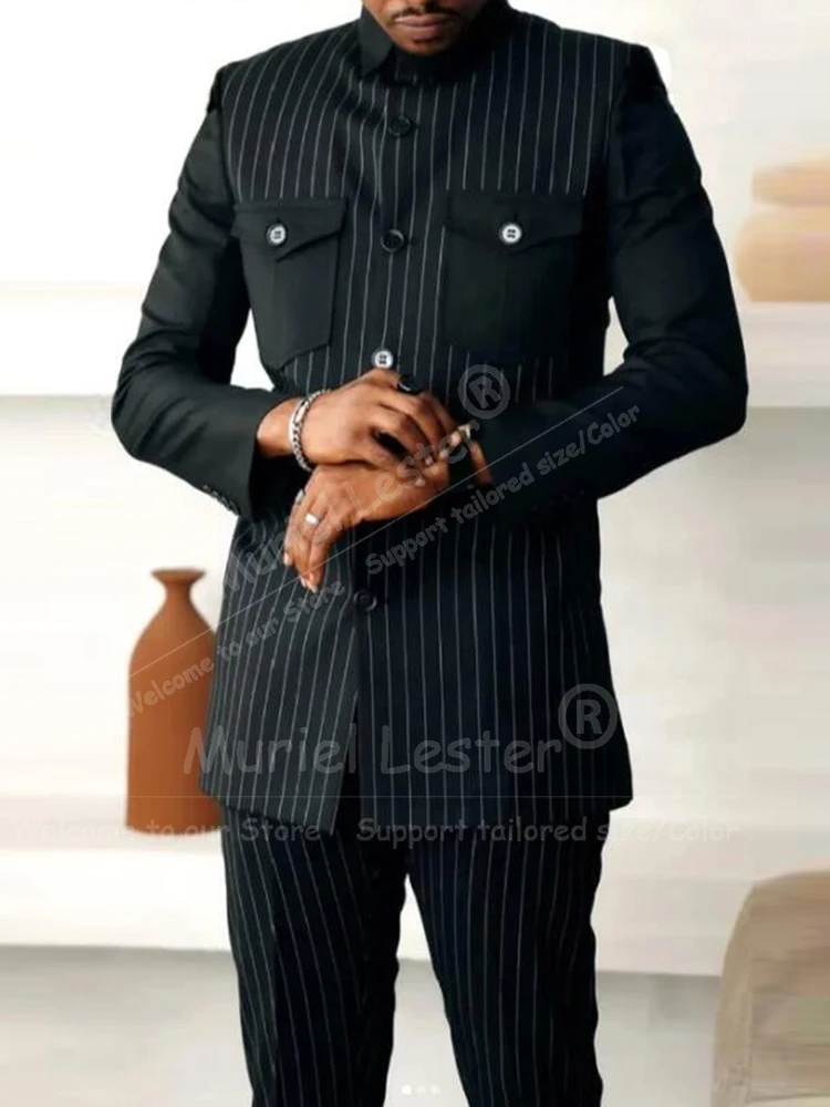 Classic Suits Men Vertical Striped Spliced Jacket Pants 2 Piece Sets Man Business Party Tuxedos Customized Groom Daily Blazers