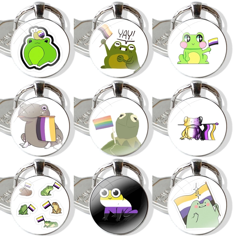 Non Binary Pride Frog Keychain Handmade Glass Cabochon Key Ring Holder Pendant Key Chains