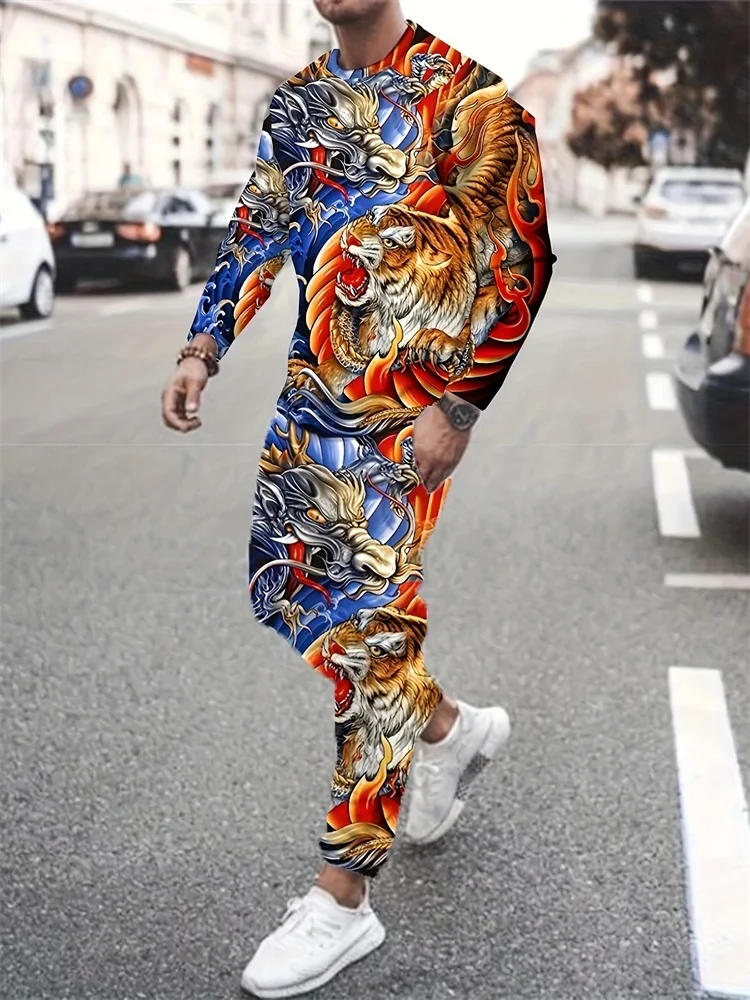 Nuevo rey poderoso León estampado en 3D de cuello redondo de manga larga 2 piezas traje urbano tendencia de calle moda hombres mangas largas y pantalones