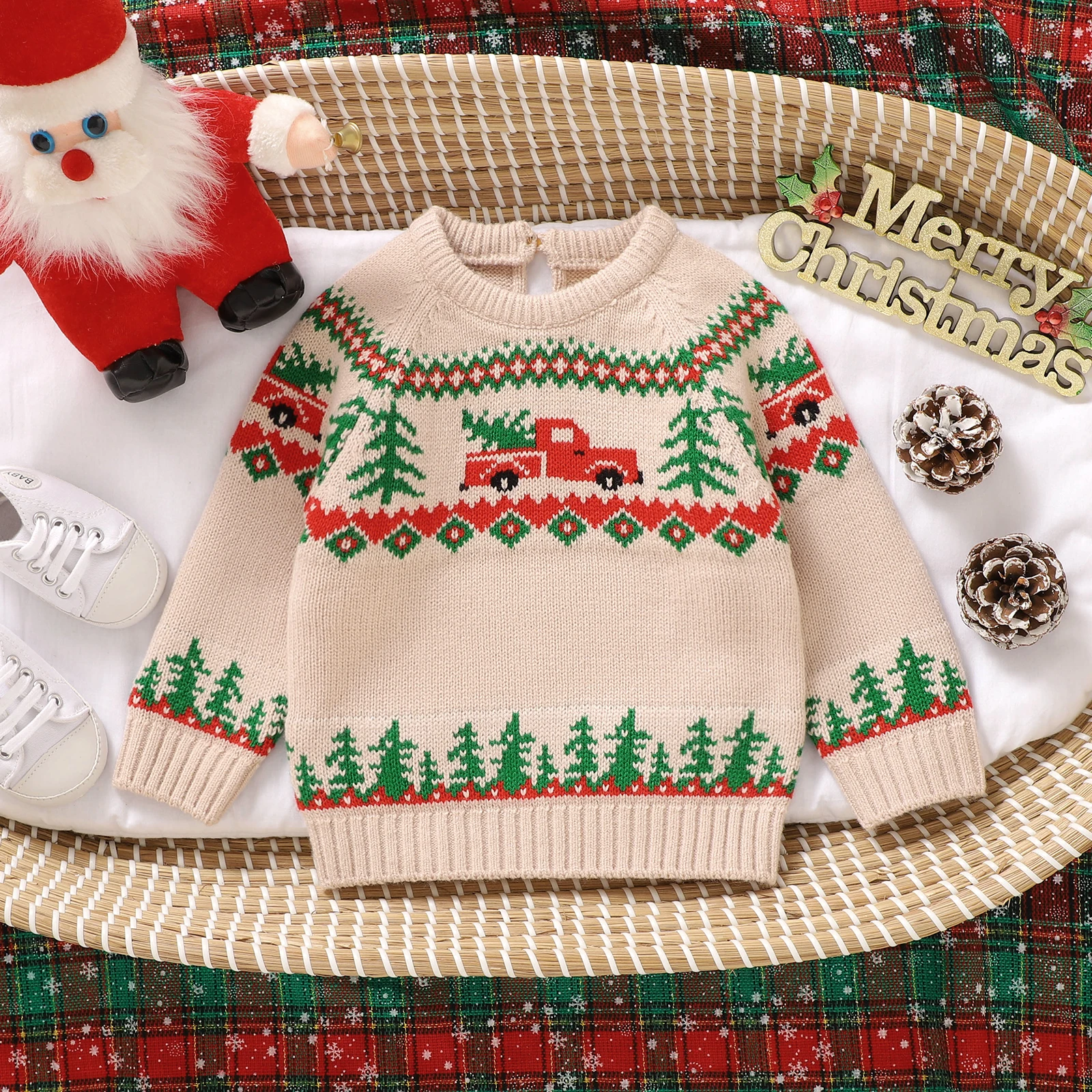 BeQeuewll Christmas Baby Boys Girls Sweaters Cute Long Sleeve Truck Print Newborn Knit Clothes Pullovers Infant Jumper Tops