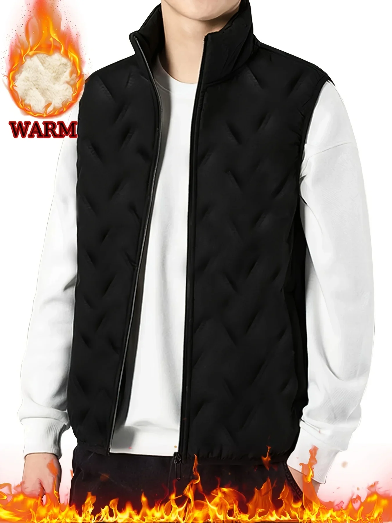 Men's Sleeveless Puffer Vest with Zipper Pocket - Warm Soft Fleece-Lined Casual Style for Fall & Winter Geometric Pattern