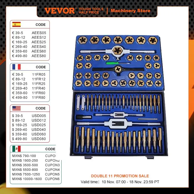 vevor tap and die grupo conjunto de broca sae metric rosqueamento manual ferramentas chave aco de tungstenio duravel estojo ajustavel 86 pcs 01