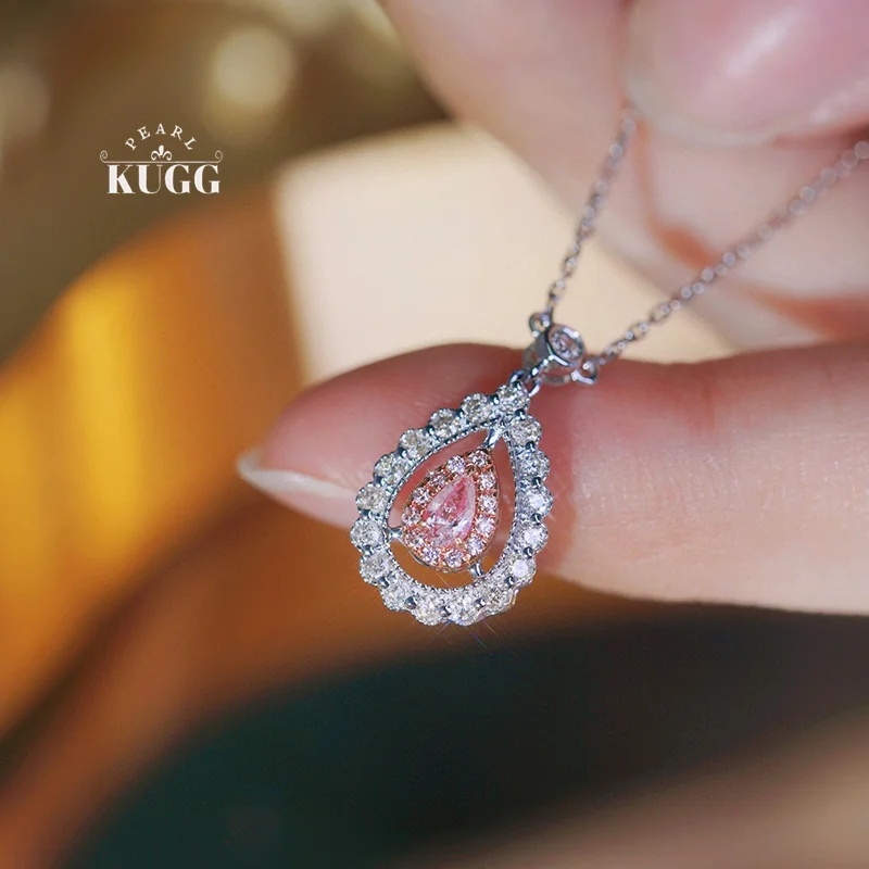 KUGG 18K White Gold Necklace Elegant and Noble Style Design Real Natural Pink Diamond Pendant Necklace for Women Birthday Gift