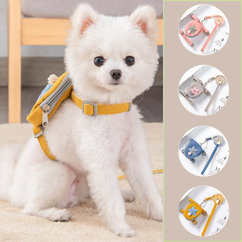 Personalized Dog Harness and Leash Set with Bag for Small Dogs Chihuahua Pomeranian Removable Puppy Snack Backpack Pet Supplies