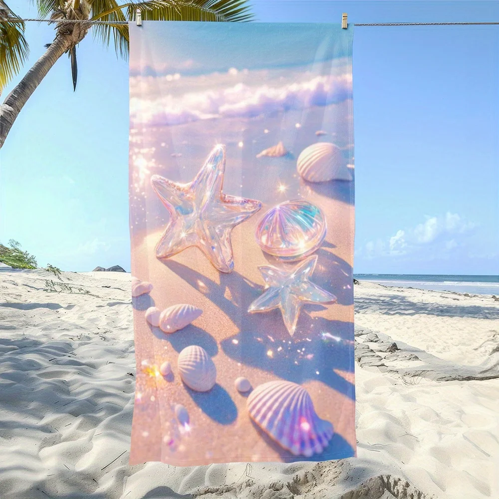 Sparkling Starfish and Seashell Beach Towel,Shiny Ocean Theme Quick-Dry Sand-Free Microfiber Bath Towel for Summer Pool Vacation