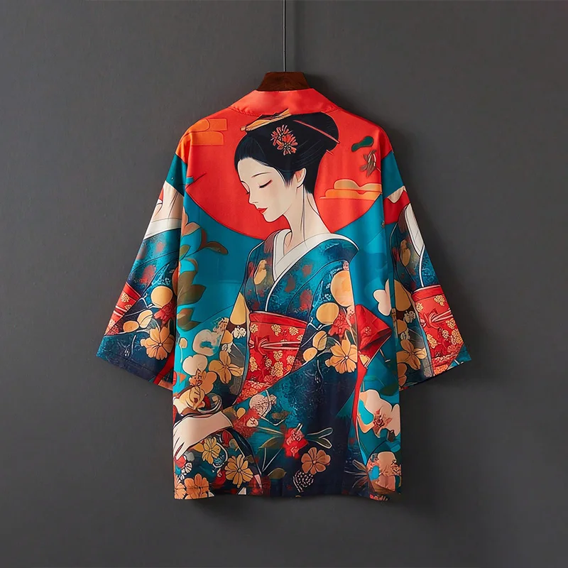 

Свободное кимоно в японском стиле с 3D принтом «Красота» в стиле ретро, кардиган хаори, летний купальник больших размеров для пляжного отдыха, цельный купальник юката