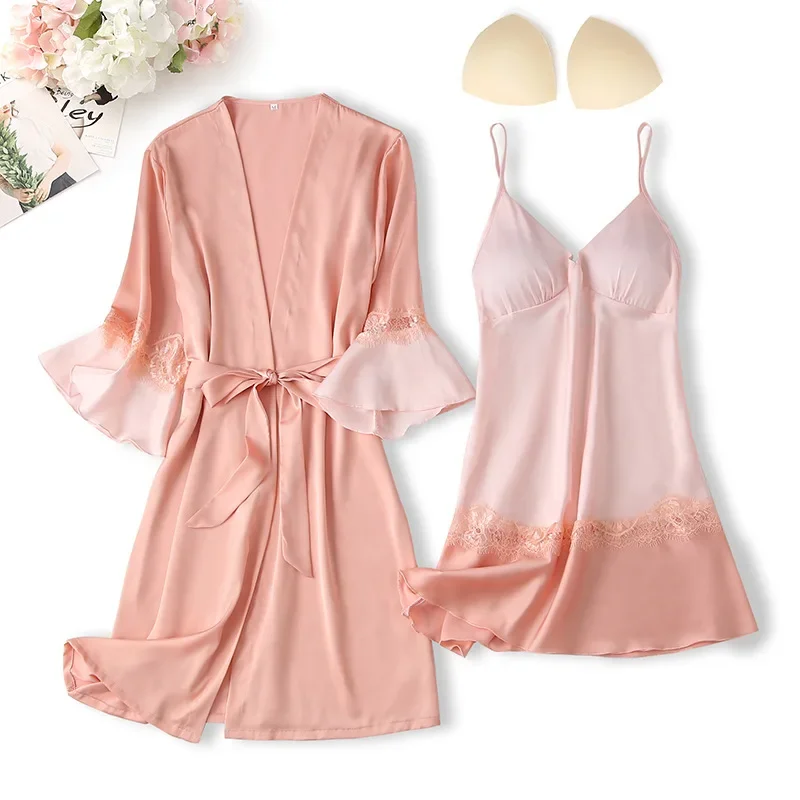 Mechcitiz 2021 sexy sleepwear seda robe & vestido conjuntos acolchoados senhora femme nighties conjuntos de pijamas de cetim verão casa wear lingerie terno