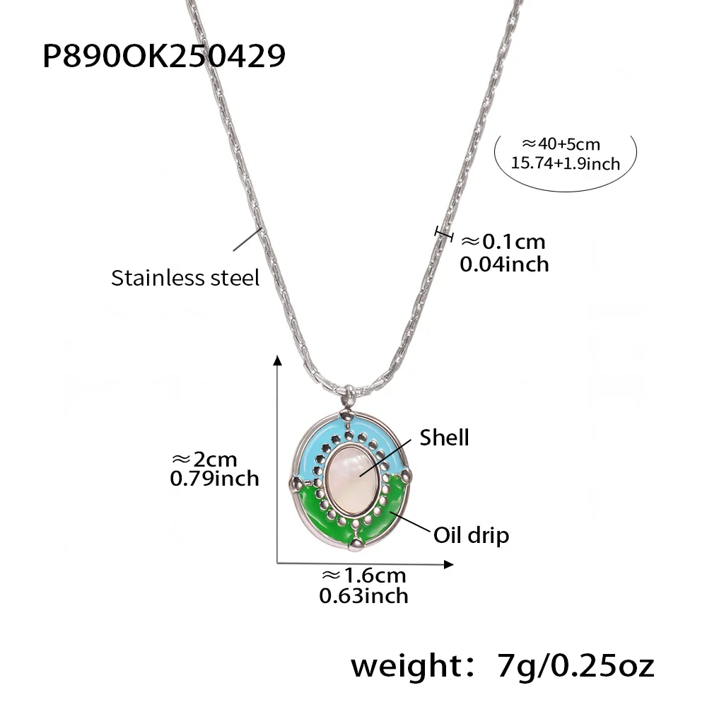 Blue Green Enamel Round Pendant Necklace Women's Silver Color 316 Stainless Steel Shell Fashion Necklace Waterproof Jewelry