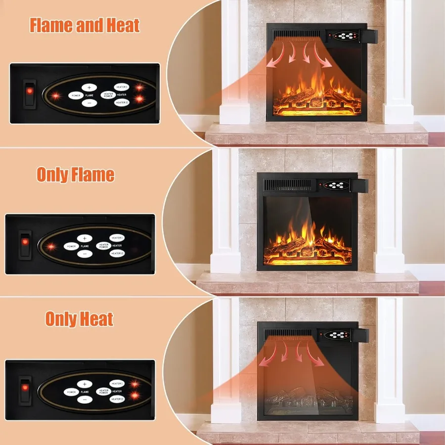 18 Inches Electric Fireplace Insert Recessed Fireplace Heater with 7-Level Adjustable Flame Brightness Remote Control Overheat