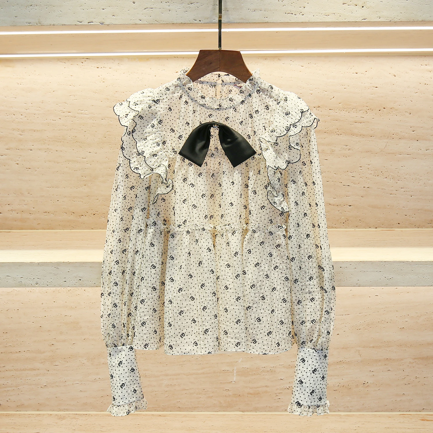 

French Sle Loose Fit Polka Dot irt Spring Collection Stand Collar Knot Long Sve Women's Premium Top