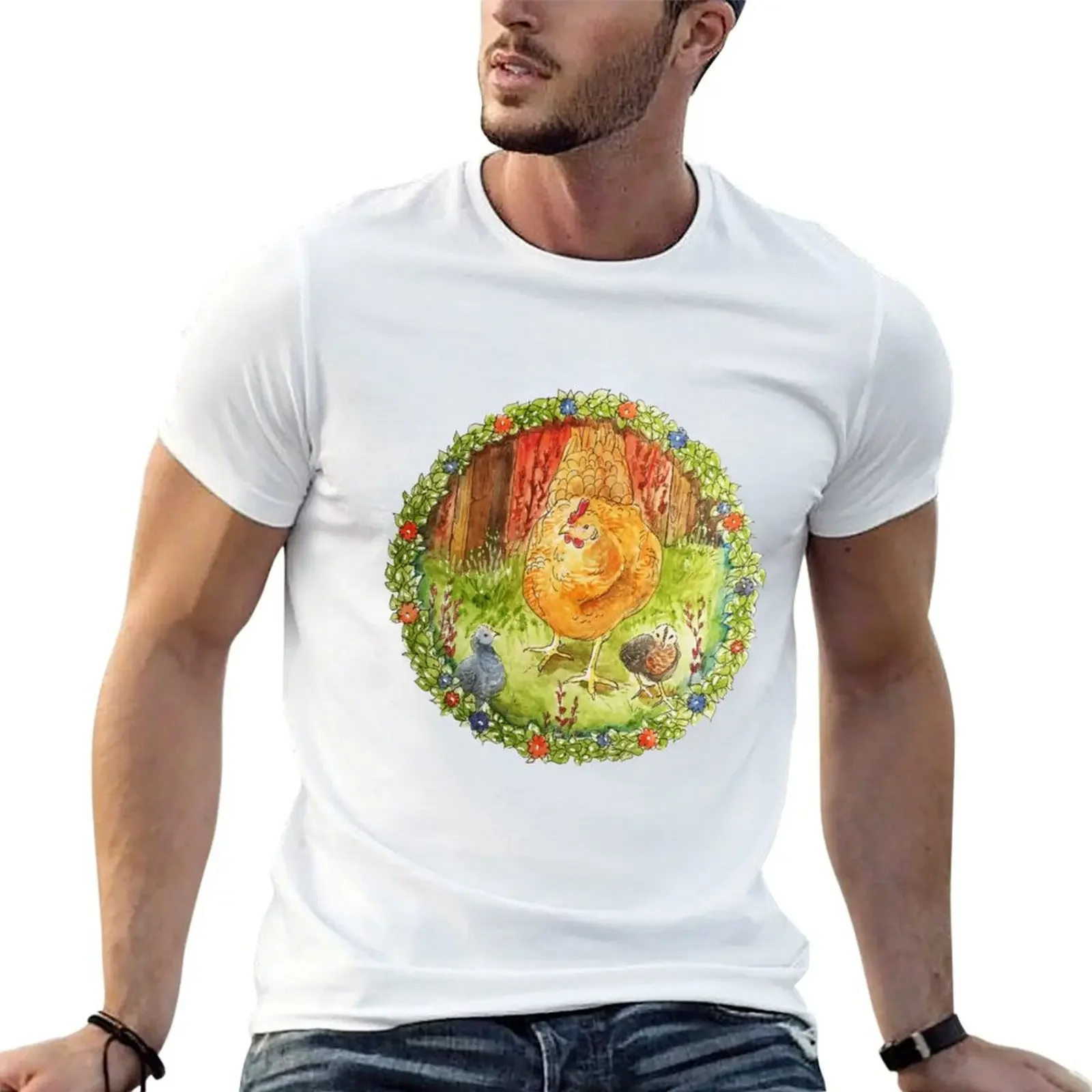 

Mama Hen with Chicks Watercolor Illustration T-Shirt Man t-shirt customs summer clothes shirts graphic tee men