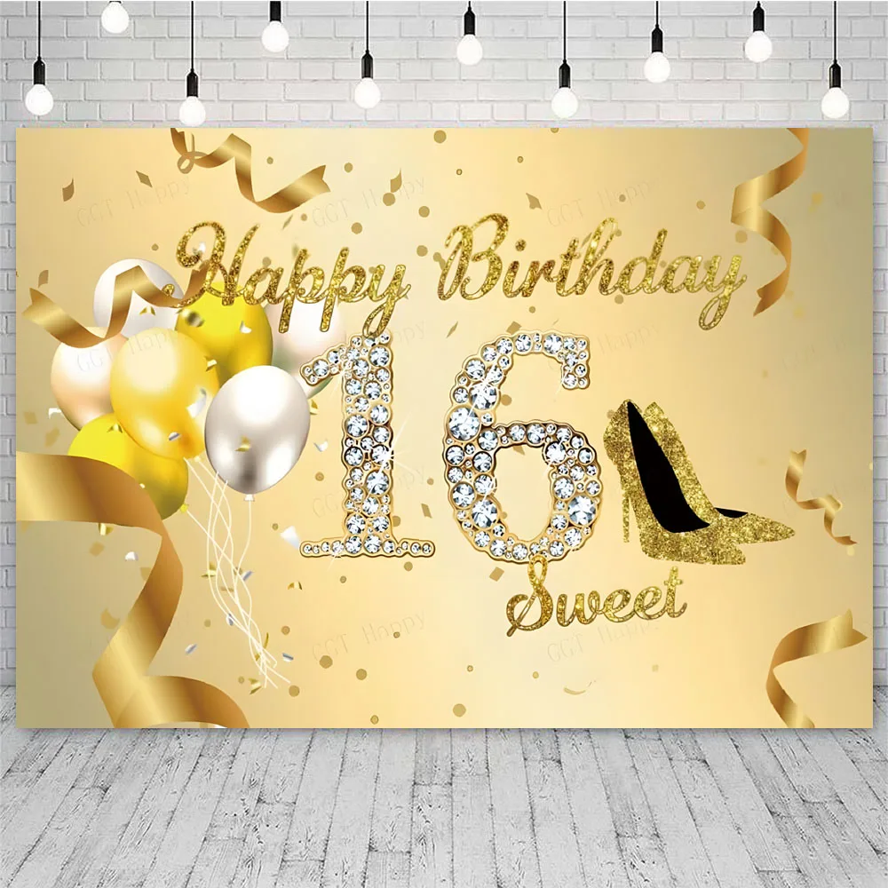 Black Gold 16th Backdrop Balloons Boys Girls 16 Years Old Birthday Party Customized Photo Background Cake Table Decor Banner