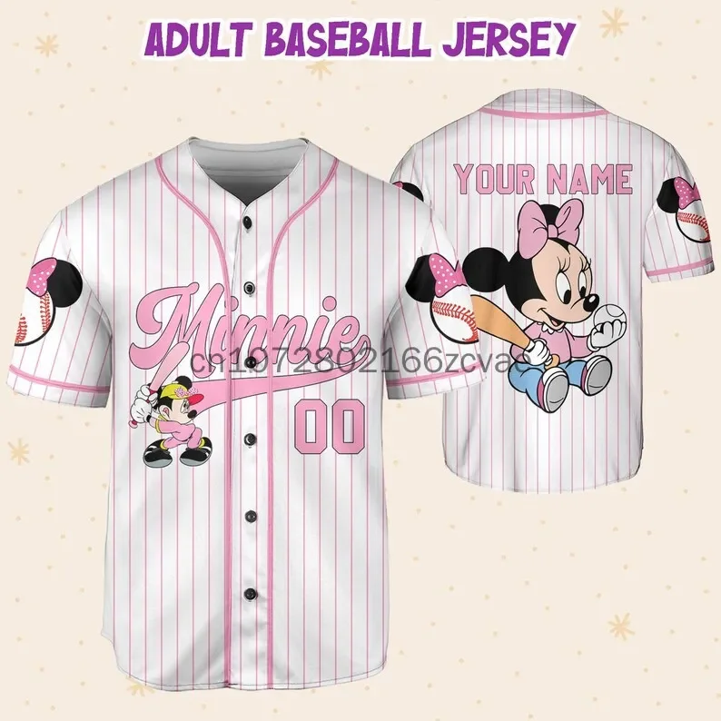 

2024 Custom Name Disney Minnie Baseball Jersey Streetwear Fashion Summer Men's And Women's Short Sleeved Baseball Shirt