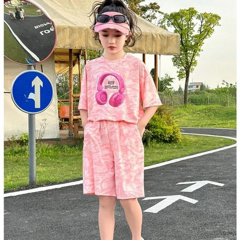 

Summer Teenage Clothes Set Children Girls Sweet Short Sleeve Tie Dye T-shirts and Shorts 2pcs Suit Kid Cute Top Bottom Tracksuit